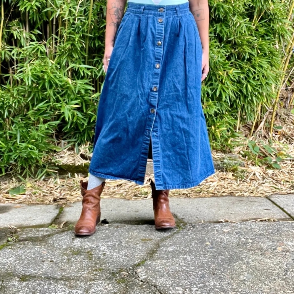 Vintage Cherokee Blue Denim Maxi Skirt 80s 90s Western Prairie
